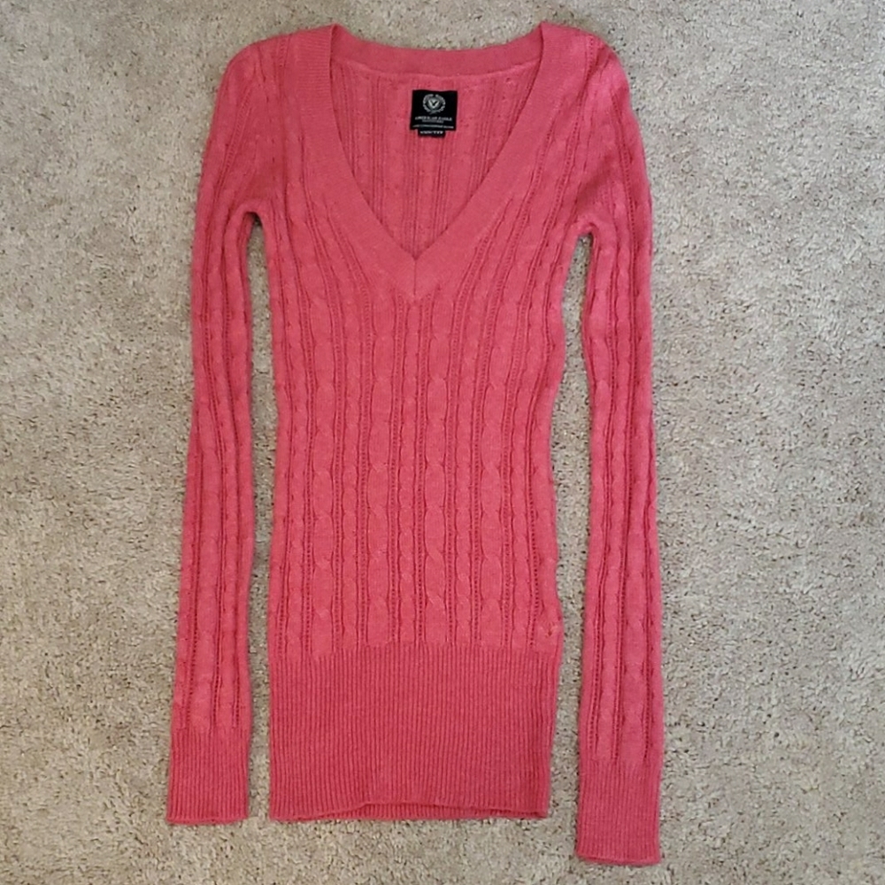 AE Hot Pink Knit V-Neck Sweater